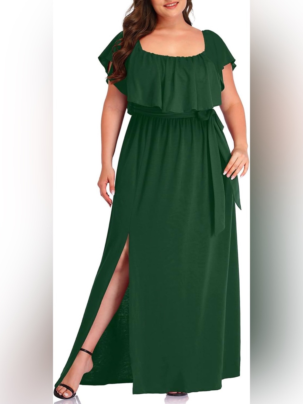 Pinup Fashion Plus Size Green Maxi Dress with Ruffle Bodice and Side Slit